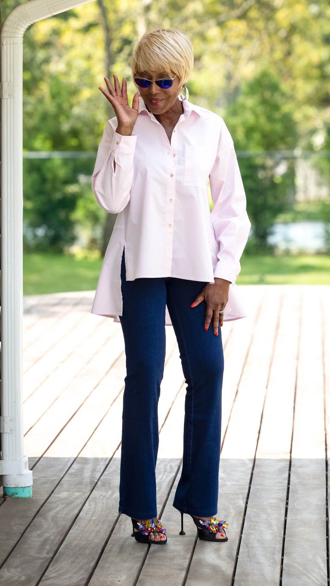 Women with Control® Elite Prime Stretch Denim Flare Pant in Ink Indigo paired with the Attitudes By Renée® Flyaway Button Front Shirt in Pink Peony