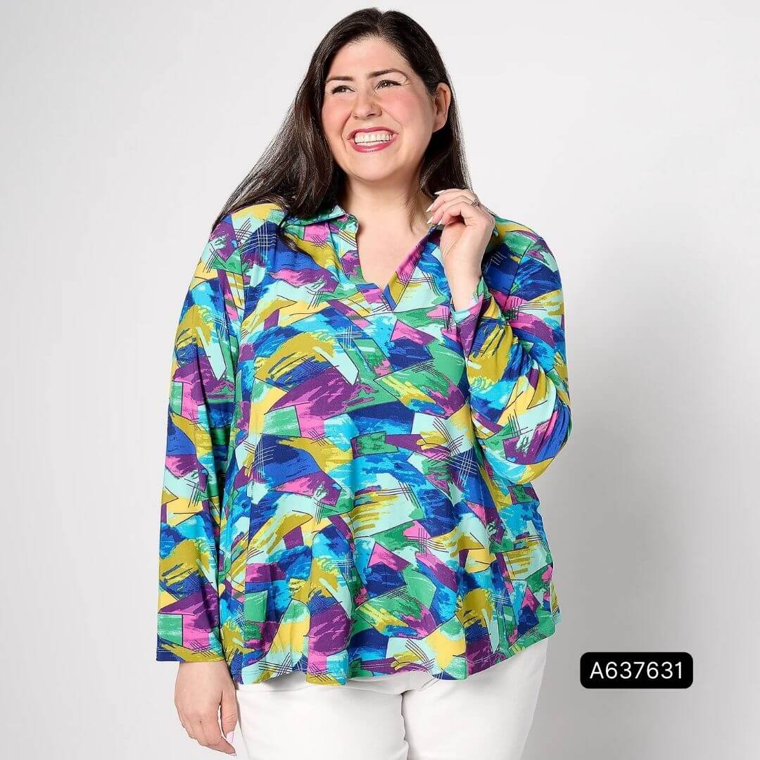 Attitudes by Renee® Como Jersey Printed Collared Top